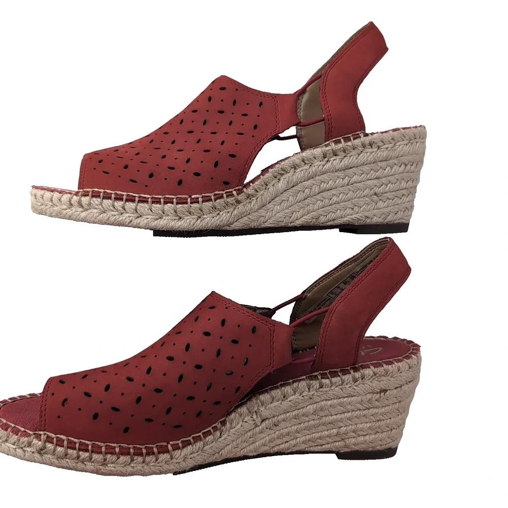Clarks Artisan Petrina Selma Red Nubuck Perforated Espadrille Wedge Sandals 7M